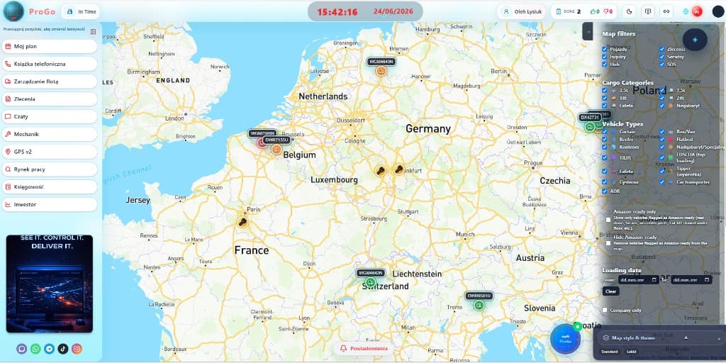 ProGo platform — live GPS map with fleet menu and filters